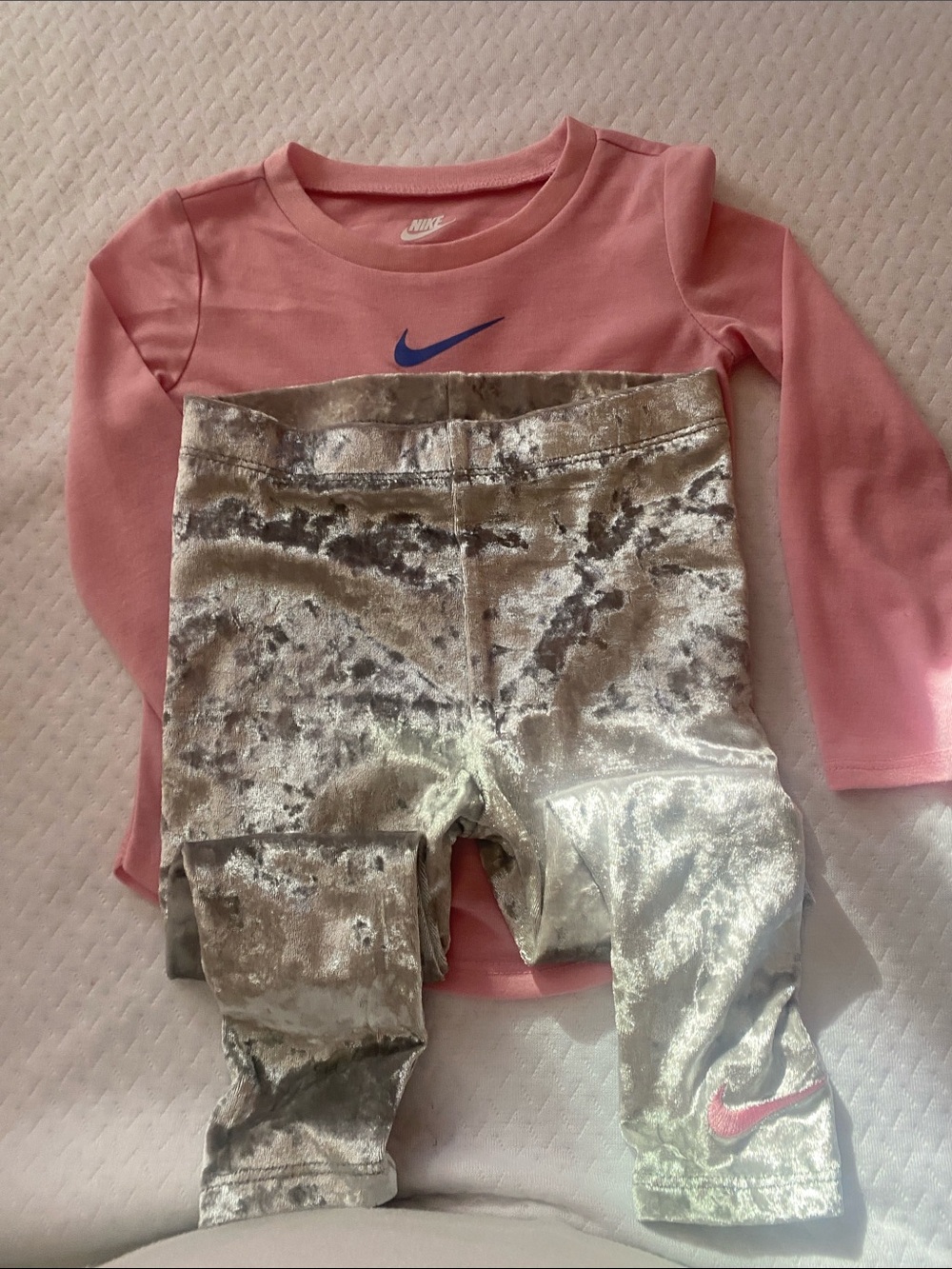 Nike Pink Long Sleeve Top with Silver Velvet Leggings and matching winter vest